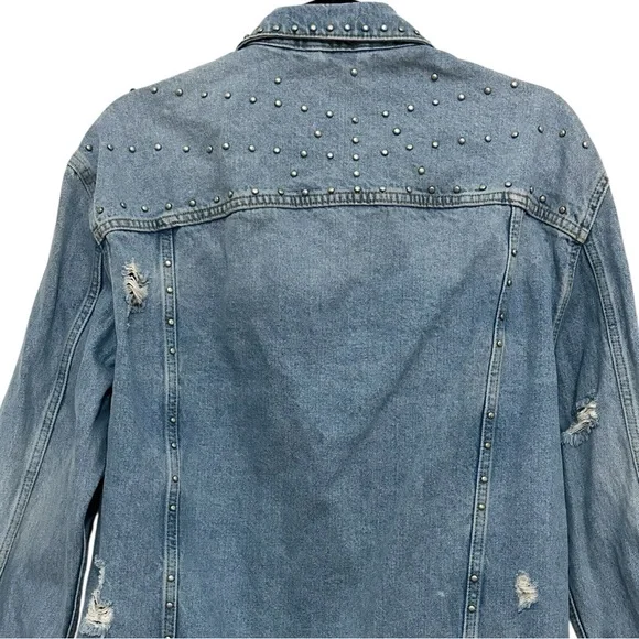 Free People Oversized Distressed Studded Denim Jean Jacket READ Size Small - Picture 5 of 14